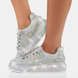 "BACK TO SCHOOL BACK TO GLAM" Jewel Embellished Glittering Silver Sneakers